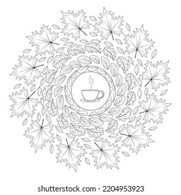 Autumn leaves round ornament with coffe cup, mandala style. Coloring book page. Hello autumn. Vector illustration