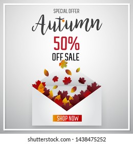 Autumn leaves sale festival  vector design background. Fall color nature background.