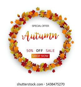 Autumn leaves sale festival  vector design background. Fall color nature background.