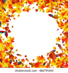 Autumn leaves scattered background with oak, maple and rowan