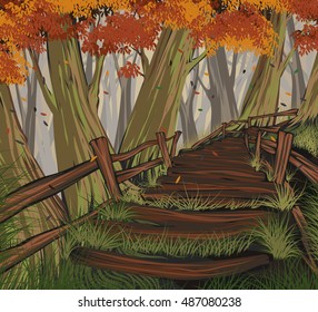 Autumn leaves scene vector hand drawing nature landscape background