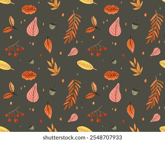 Autumn leaves seamless background. Repeating design element for printing on fabric. Fall and autumn season. Wallpaper and texture. Red berries and orange leaves. Flat vector illustration