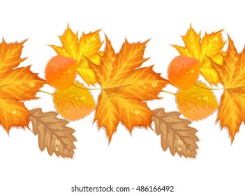 Autumn leaves seamless border pattern. Beautiful colorful autumn border with water drop. Maple, aspen, oak. Fall party invitation