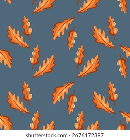 Hojas de otoño. Patrón de otoño sin fisuras con hojas de roble sobre un fondo azul. Ilustración vectorial.