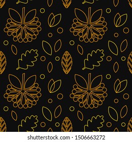 Autumn leaves seamless outline pattern on black background. Vector illustration.