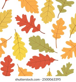 Autumn leaves seamless pattern. Autumnal oak, maple, and chestnut leaf. Fall botanical seasonal background for wrapping paper, wallpaper, and fabric. Vector autumnal foliage print on white background.