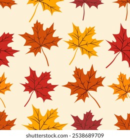 El otoño deja la Plantilla de diseño de Vector de fondo de patrón sin fisuras. Repitiendo el mosaico de textura. Fondo natural. Impresión de tela textil de moda. Envoltura de papel de regalo. Acogedores colores amarillo, naranja, marrón.