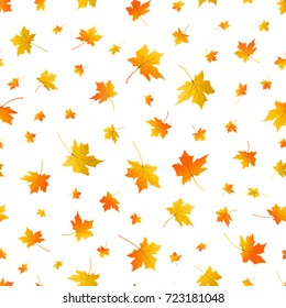 Autumn leaves. Seamless pattern. Background with fall maple leaves. Flying foliage on white. Autumn vector design 