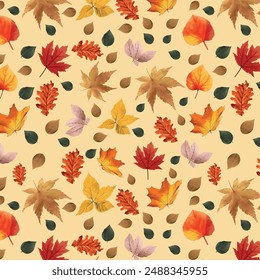 Hojas de otoño, patrón sin fisuras de hermosas hojas de otoño con un fondo beige.