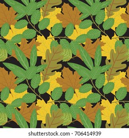 Autumn leaves seamless pattern. Beautiful autumn background with various leaves. Elegant vector illustration on black background.