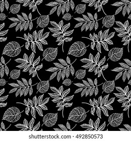 Autumn leaves seamless pattern of black and white in the style of coloring books for adults