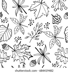 Autumn leaves seamless pattern black and white colors. Can be used for web, print, textile and other design