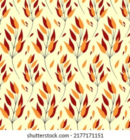 El otoño deja un patrón impecable. Ramas con hojas de color naranja y rojo sobre fondo marfil. Mejor para textiles, papel pintado, papel de envoltura, paquete y decoración doméstica.