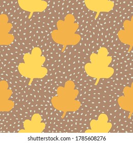 Autumn leaves seamless pattern. Brown background with yellow and orange abstract botanic shapes. Decorative print for wallpaper, wrapping paper, textile print, fabric. Vector illustration.