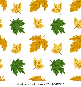 El otoño deja un patrón impecable. Patrón sin foco con hojas de dibujos animados, elementos decorativos. Bosque, estilo plano vectorial. tema de la naturaleza. dibujo a mano. diseño para tela, textil, envoltura, impresión