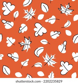 Autumn leaves seamless pattern childish vector illustration. White falling leaves in different shapes with black outline on red background. Doodle flat simple design