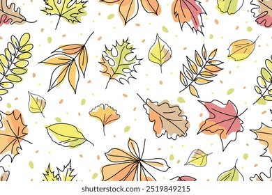 Autumn leaves seamless pattern. Colorful leaves of ash, poplar, oak, chestnut, ginkgo, beech, acacia on white background. Falling autumn leaves. Vector illustration.