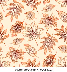 Autumn leaves seamless pattern, colorful fallen mountain ash leaves