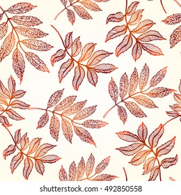 Autumn leaves seamless pattern, colorful fallen mountain ash leaves