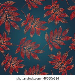 Autumn leaves seamless pattern, colorful fallen mountain ash leaves
