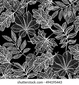 Autumn leaves seamless pattern, colorful fallen mountain ash leaves