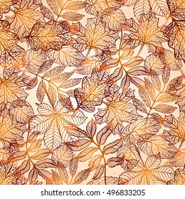 Autumn leaves seamless pattern, colorful fallen mountain ash leaves