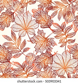 Autumn leaves seamless pattern, colorful fallen mountain ash leaves