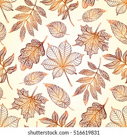 Autumn leaves seamless pattern, colorful fallen mountain ash leaves