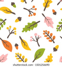 Autumn leaves seamless pattern. Cute hand drawn leaf shapes texture with maple, acorn and berry. Floral season wallpaper background.