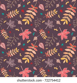 Autumn leaves seamless pattern with dark brown background.