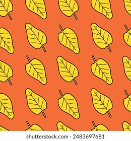 Autumn leaves seamless pattern. Decorative yellow leaves on an orange background. Vector illustration for fabric, packaging, wrapping paper, case, cover