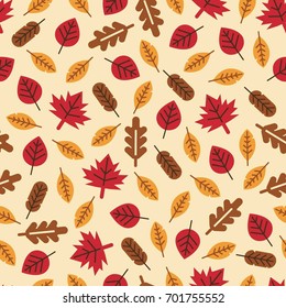Autumn leaves seamless pattern design. Flat style vector illustration.