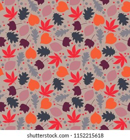 Autumn Leaves Seamless Pattern - Fall foliage and dots in colors of purple, orange, gray, and pink