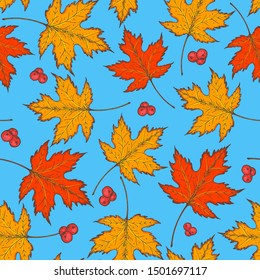 Autumn leaves seamless pattern. Fall background. Hand drawn design. Vector illustration. Colorful maple leaves. 