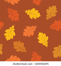 Autumn leaves seamless pattern. Fall oak leaves and berries nature icons over brown background. 