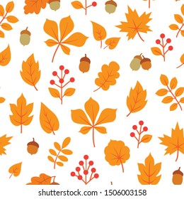 Autumn Leaves Seamless Pattern. Fall Leaf And Berries Nature Icons Over White Background.