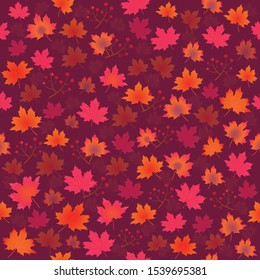 Autumn leaves seamless pattern. Fall background with red, yellow, purple and orange maple leaves and berries. Fall foliage background. Editable vector EPS 10.