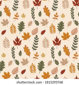 Autumn leaves seamless pattern. Fall theme in a bright and warm colors. Can use for print, template, fabric, presentation, textile, banner, poster, wallpaper, digital paper, scrapbook, instant downloa