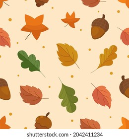 Autumn leaves seamless pattern. Fall mood decorative repeat pattern with oak, maple, aspen leaves for fabric, textile, paper. Autumn decorative design in yellow, brown and orange colors. Vector print.
