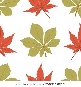 Autumn leaves seamless pattern. Fall background with chestnut and maple on white background. Botanical background for wrapping paper, wallpaper, and fabric. Vector foliage print.