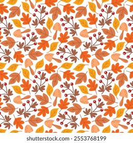 Autumn leaves seamless pattern. Fall season background design. Flat style vector illustration