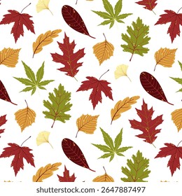 Autumn Leaves Seamless Pattern. Fall Leaves Background. Botanical Vector Flat Illustrations