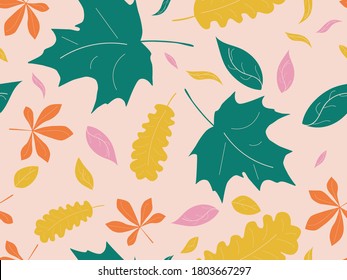 Autumn leaves seamless pattern. Falling leaves, leaf fall. Oak and maple. Background for wrapping paper, print, fabric and printing. Vector illustration 