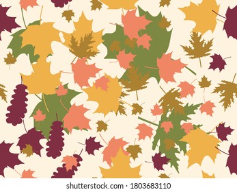 Autumn leaves seamless pattern. Falling leaves, leaf fall. Oak and maple. Background for wrapping paper, print, fabric and printing. Vector illustration 