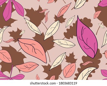 Autumn leaves seamless pattern. Falling leaves, leaf fall. Oak and maple. Background for wrapping paper, print, fabric and printing. Vector illustration 