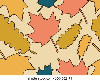 Der Herbst hinterlässt ein nahtloses Muster. Fallende Blätter, Laub fallen. Eiche und Ahorn. Hintergrund für Verpackungspapier, Druck, Stoff und Druck. Vektorgrafik