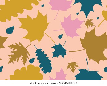 Autumn leaves seamless pattern. Falling leaves, leaf fall. Oak and maple. Background for wrapping paper, print, fabric and printing. Vector illustration