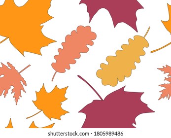 Autumn leaves seamless pattern. Falling leaves, leaf fall. Oak and maple. Background for wrapping paper, print, fabric and printing. Vector illustration