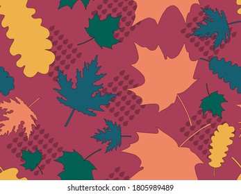Autumn leaves seamless pattern. Falling leaves, leaf fall. Oak and maple. Background for wrapping paper, print, fabric and printing. Vector illustration