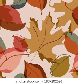 Autumn leaves seamless pattern. Falling trees leaves minimal art background. Seasonal illustration for creative design, fall concept illustration, social media stories wallpaper. Botanical vector